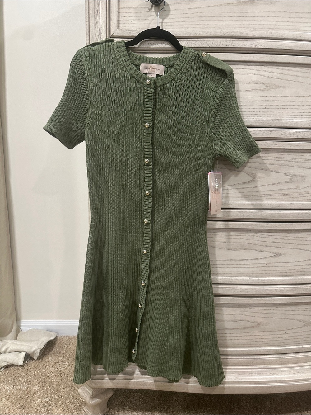French Connection Olive Ribbed Button-Front Midi Dress